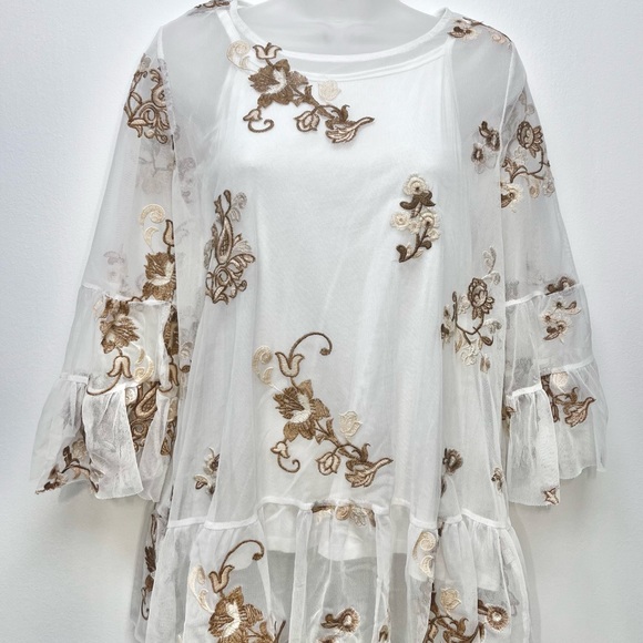 Soft Surroundings Embroidered Mesh Layered Top White Brown Tan Size Small - Picture 12 of 12
